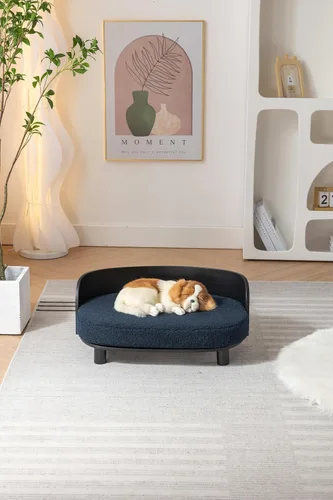 Vista 5 de HomSof Cama elevada para perros y gatos de 26.77 pulgadas, estilo escandinavo, sofá para mascotas con patas de madera maciza y respaldo de madera