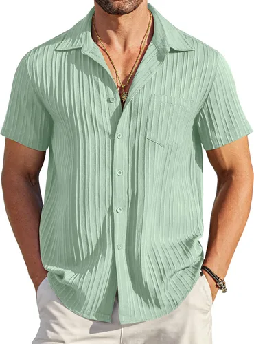 Vista 31 de COOFANDY - Camisas de botones casuales para hombre, de manga corta, con textura, camisa de playa de verano con bolsillo