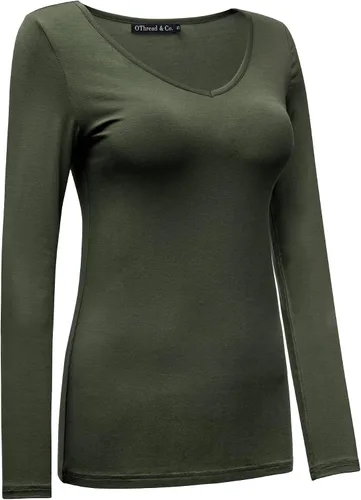 Vista 3 de OThread & Co. Camiseta de manga larga con cuello en V, para mujer, con capa básica, de licra
