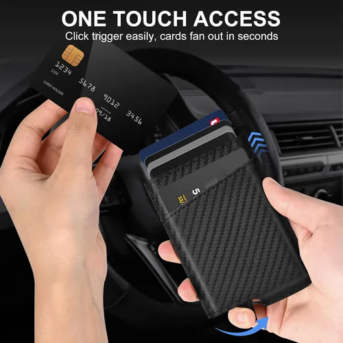 Vista 2 de Dinghao Cartera delgada con clip magnético de aluminio para bloquear RFID, estuche automático emergente para tarjetas, Negro fibra de carbono