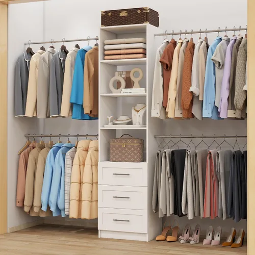 Vista 7 de Sistema de armario con 6 cajones, sistema organizador de armario modular de madera con 8 estantes, 8 varillas expandibles para colgar, montaje