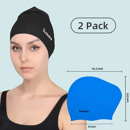 Vista 7 de Keary 2 Pack Gorro de natación actualizado de silicona para cabello largo para mujeres y niñas, impermeable, gorro de baño para piscina, gorro