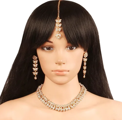 Vista 8 de Touchstone Conjunto de joyas indias para mujer, collar de boda, collar de oro, gargantilla de bollywood, aretes de diamantes de imitación, disfraz