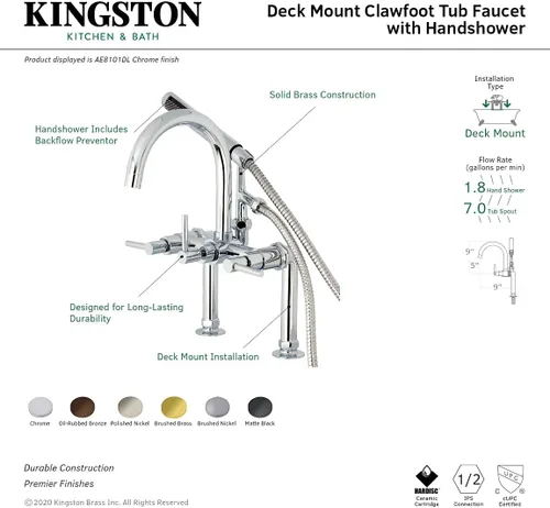 Vista 8 de Kingston Brass AE8107DL - Llenador de bañera con ducha de mano, latón cepillado