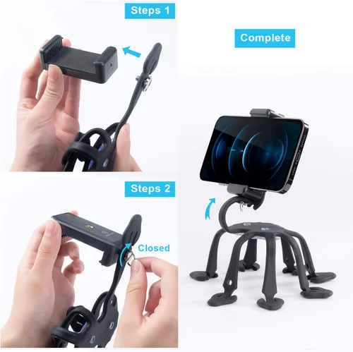 Vista 4 de Trípode de pulpo para teléfono celular, soporte universal para teléfono inteligente, trípode de pulpo, 8 patas para todos los teléfonos inteligentes
