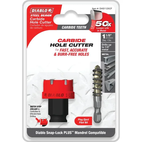 Vista 2 de Diablo Cortador de agujeros de dientes de carburo Demon de acero con sistema de mandril de bloqueo a presión, ideal para perforar agujeros precisos
