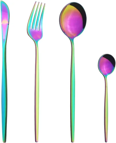 Vista 23 de Juego de cubiertos Cuchillo de cena Postre Tenedor Cuchara Juego de vajilla de acero inoxidable Vajilla de cocina 4 piezas Negro
