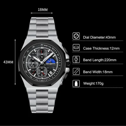 Vista 5 de RORIOS Elegante reloj de pulsera analógico de cuarzo con correa de acero inoxidable, cronógrafo multifunción para hombre