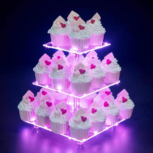Vista 7 de Soporte para Cupcakes, Soporte Redondo para Cupcakes de 4 Niveles con Tira de Luces LED, Torre de Exhibición de Cupcakes de Acrílico para Bodas, Azul