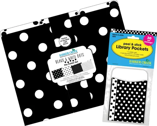 Vista 4 de Barker Creek Carpeta de archivos y bolsillos para biblioteca, puntos blancos y negros, 12 carpetas de archivos impresas en stock de 14 puntos y 30