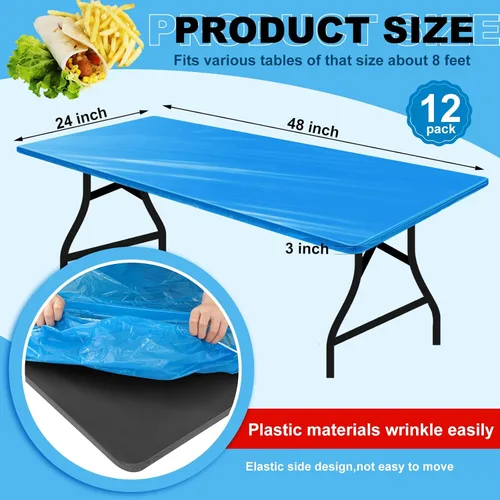 Vista 2 de Boao 12 piezas de manteles de plástico desechables para mesas con borde elástico ajustable, manteles rectangulares impermeables para mesas de Azul