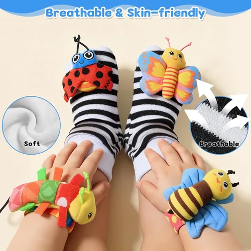 Vista 2 de Juguetes para bebés de 0 a 6 meses - Sonajeros de muñeca y calcetines con sonajero para pies y localizador de pies para bebés recién nacidos, niños