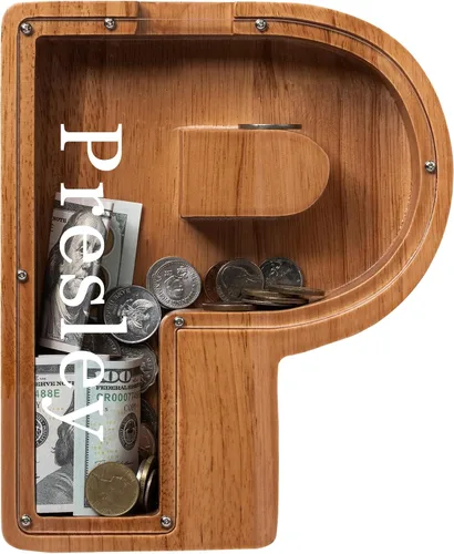 Vista 55 de Alcancía para niños y niñas, alcancía de madera con letra grande del alfabeto con inicial A, banco de monedas, regalos divertidos para cumpleaños