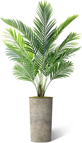 Vista 2 de Árbol artificial en maceta de diseño opcional, palmera tropical areca falsa de seda para decoración del hogar en interiores y exteriores, altura