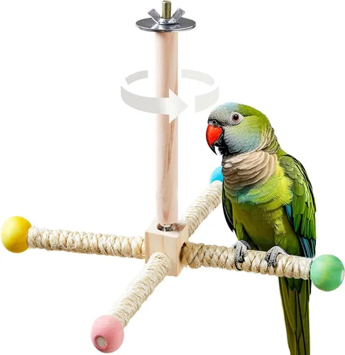Vista 7 de Juguete de percha para pájaros, juguetes interactivos giratorios para periquitos, rueda de ejercicio de madera, juguete de loro, juguete