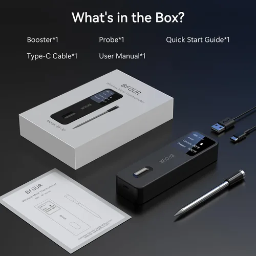 Vista 17 de BFOUR Termómetro de Carne Digital Inalámbrico con Amplificador LCD, Termómetro Bluetooth para Cocinar Alimentos con Aplicación Inteligente, Alcance