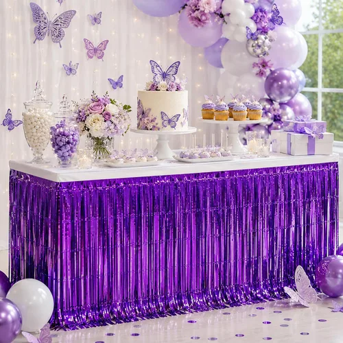 Vista 19 de Faldas de mesa de oropel de papel metálico con flecos para mesas rectangulares, cortinas de serpentina, telón de fondo para cumpleaños, boda