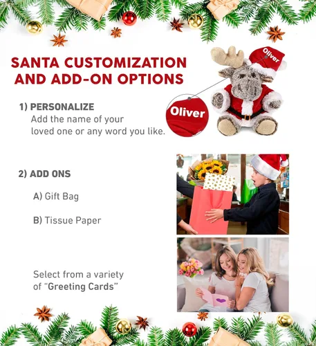 Vista 2 de DolliBu Peluche de alce de Papá Noel, disfraz de animal salvaje súper suave con traje de Papá Noel rojo, lindo regalo de vida silvestre, vacaciones