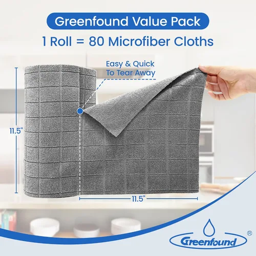 Vista 2 de Greenfound Rollo de paños de limpieza de microfibra - Paquete de 80 unidades, toallas desprendibles para el coche, toallas de papel reutilizables