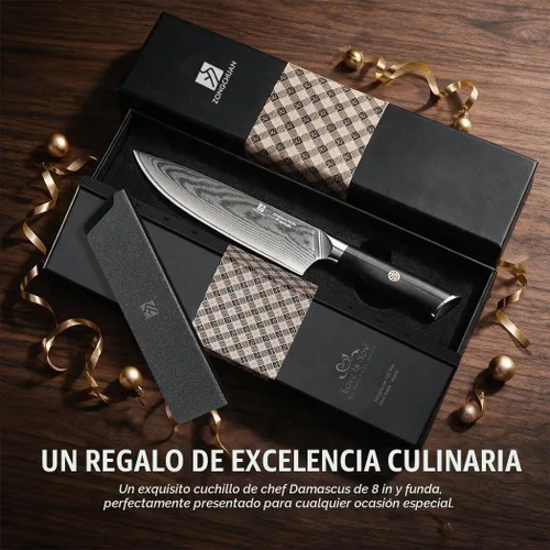 Vista 8 de Cuchillo de chef de Damasco de 8 pulgadas, cuchillo de cocina de acero inoxidable de alto carbono de 67 capas con mango ergonómico G10, funda