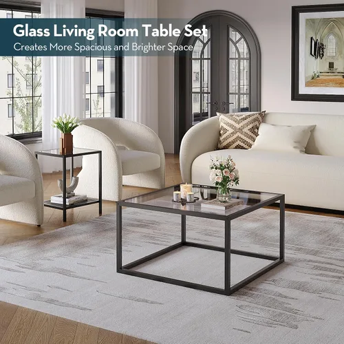 Vista 6 de Mesa de café de vidrio SAYGOER Mesas de café pequeñas cuadradas para sala de estar, mesa de centro moderna de 26.7 pulgadas para oficina
