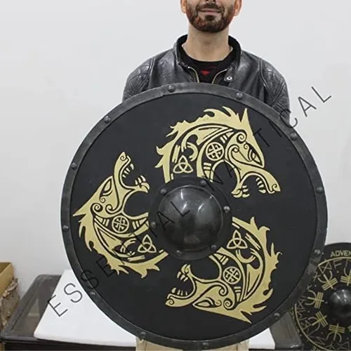 Vista 5 de Escudo de armadura vikingo medieval 24 '' Escudo redondo de madera - Estilo 24 Negro, Negro