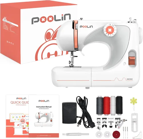Vista 2 de POOLIN Máquina de coser básica para niños: 27 aplicaciones de puntada con múltiples accesorios, incluye tutoriales en video, guía rápida y manual