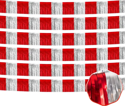 Vista 11 de Paquete de 6 guirnaldas de flecos de papel de aluminio negro de 10 pies con serpentinas metálicas de oropel para colgar en la pared, telón de fondo