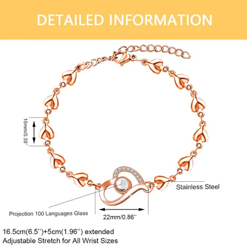 Vista 5 de Pulsera de cadena de corazón personalizada con texto en inglés "I Love You in 100 Language", regalos para mamá, esposa, novia