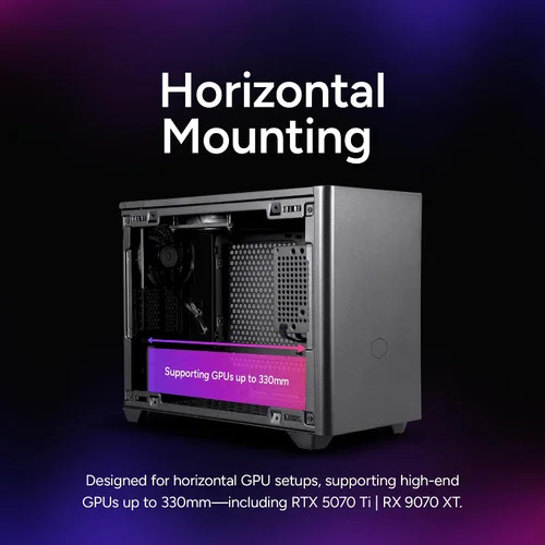 Vista 5 de Cooler Master Carcasa NR200 Mini-ITX para PC, montaje horizontal para GPU, diseñado listo para Nvidia RTX 5070 Ti AMD RX 9070 XT, SFX PSU - Listo