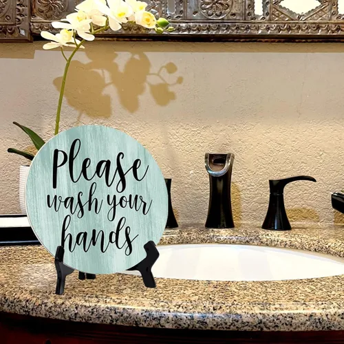 Vista 6 de Round Please Wash Your Hands, letrero decorativo de mesa de baño verde claro con caballete acrílico