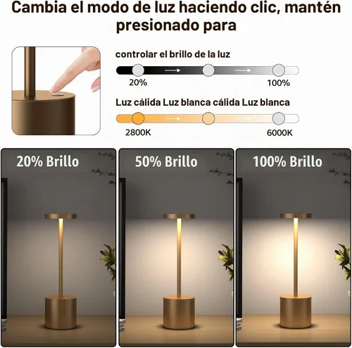 Vista 2 de Pack de 2 lámparas de mesa inalámbricas, lámpara de escritorio recargable con batería LED de 5000 mAh, metálica, USB, portátil, lámpara de mesa