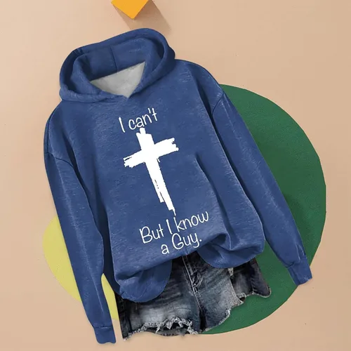 Vista 2 de Sudaderas con capucha para mujer, moda de otoño 2023, "I Can't But I Know A Guy, cuello redondo, sin botones, casual 2023, trajes de moda