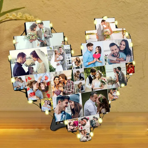 Vista 8 de Marcos de fotos de corazón con 15 marcos de fotos personalizados para colgar en la pared con luz LED, collage de múltiples marcos de fotos