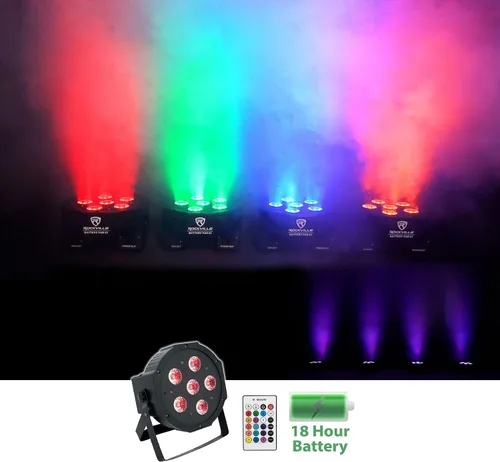 Vista 2 de Rockville Luz de lavado DMX recargable RGBWA+UV de batería PAR 61 de 36W, haz de 25 grados, baterías reemplazables, control remoto IR, activada por