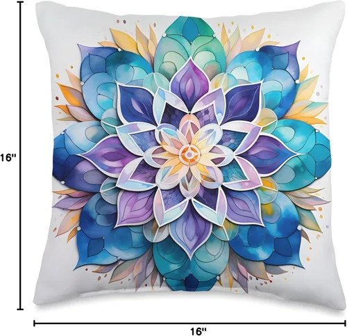 Vista 4 de Meditation Mosaics Almohada colorida con diseño de acuarela azul y mandala, 16 x 16, multicolor