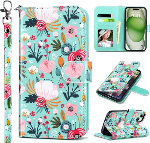 Vista 32 de ULAK Funda tipo billetera compatible con iPhone 15 para mujeres, funda tipo cartera con estampado floral de piel PU premium con porta tarjetas