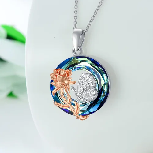 Vista 5 de RJK Collar de plata de ley para mujer, collar de cristal, diseño de ranatortugamariposa rosapandasgatoperrofénixhongos, joyería de animales, regalos