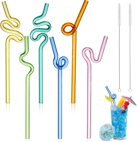 Vista 8 de Yinkin 6 popotes de vidrio ondulado, reutilizables, curvos, tontos, resistentes a los golpes con 2 cepillos de limpieza, popotes de vidrio