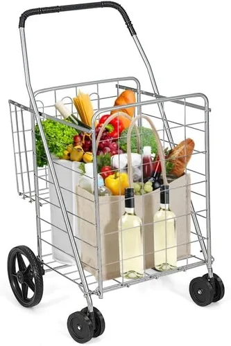 Vista 9 de Carrito de compras plegable, carrito utilitario resistente con ruedas giratorias y cesta doble, carrito de comestibles para comestibles, lavandería