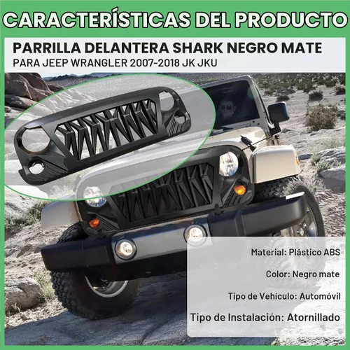 Vista 6 de Rejilla de tiburón para Jeep Wrangler JK JKU Rubicon Sahara Sport 07-18 Parrilla delantera negra mate para Jeep Wrangler 2007-2018