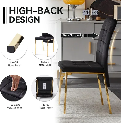 Vista 8 de Howtek Juego de mesa de comedor rectangular para 4, moderno de mediados de siglo con 4 sillas de cocina de terciopelo tapizado negro, juego de mesa