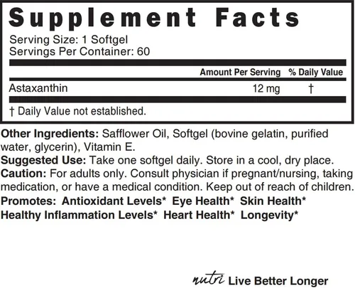 Vista 4 de Nature's Fusions Nutri Astaxantina 12mg Max Strength - Suplementos premium cultivados en Hawái - Potente antioxidante, promueve la salud cardíaca