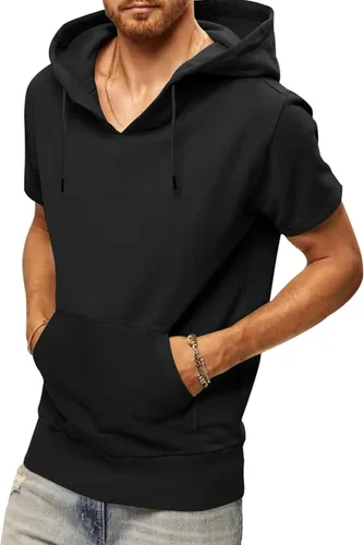 Vista 2 de Camiseta deportiva con capucha para hombre, manga corta, con cordón, con capucha, fitness, entrenamiento, culturismo, musculación
