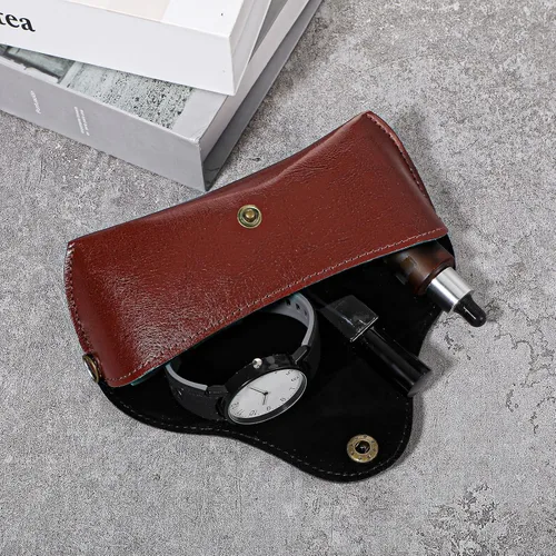 Vista 7 de Funda de cuero para lentes, delgada funda de cuero portátil para lentes de sol, ajuste universal, protección de carcasa dura, color marrón