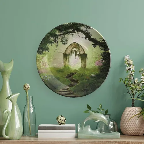 Vista 5 de Platos de cerámica, platos de cerámica decorativos antiguos, puerta de fantasía antigua en el bosque antiguo, 8 pulgadas, platos decorativos