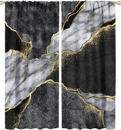 Vista 68 de Cortinas abstractas de mármol de lujo de lujo azul marino dorado a rayas con patrón de mármol estampado para dormitorio, sala de estar, cortinas