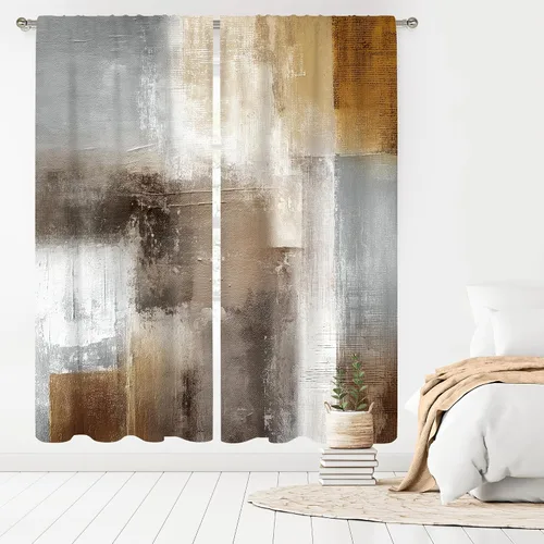Vista 17 de MESHELLY Cortinas Rojas Abstractas 42Wx63H Pulgadas Bolsillo para Varilla Bloques Rústicos Borgoña Marrón Pintura al Óleo Casa de Campo Dormitorio