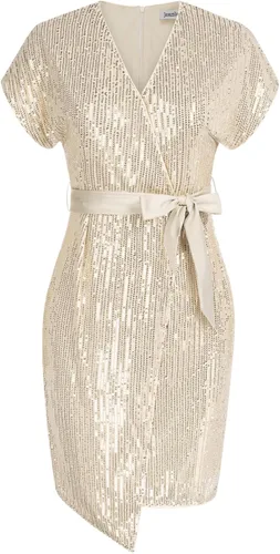 Vista 6 de JASAMBAC Vestido de lentejuelas para mujer, vestido de manga corta con purpurina brillante, cuello en V, vestido ajustado para fiesta de discoteca