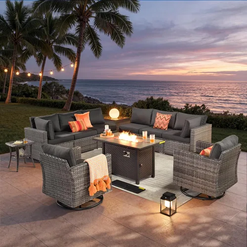 Vista 38 de ovios Juego de muebles de patio al aire libre de 5 piezas con mesa de café, conjunto seccional de muebles de patio con sofá de mimbre para todo tipo
